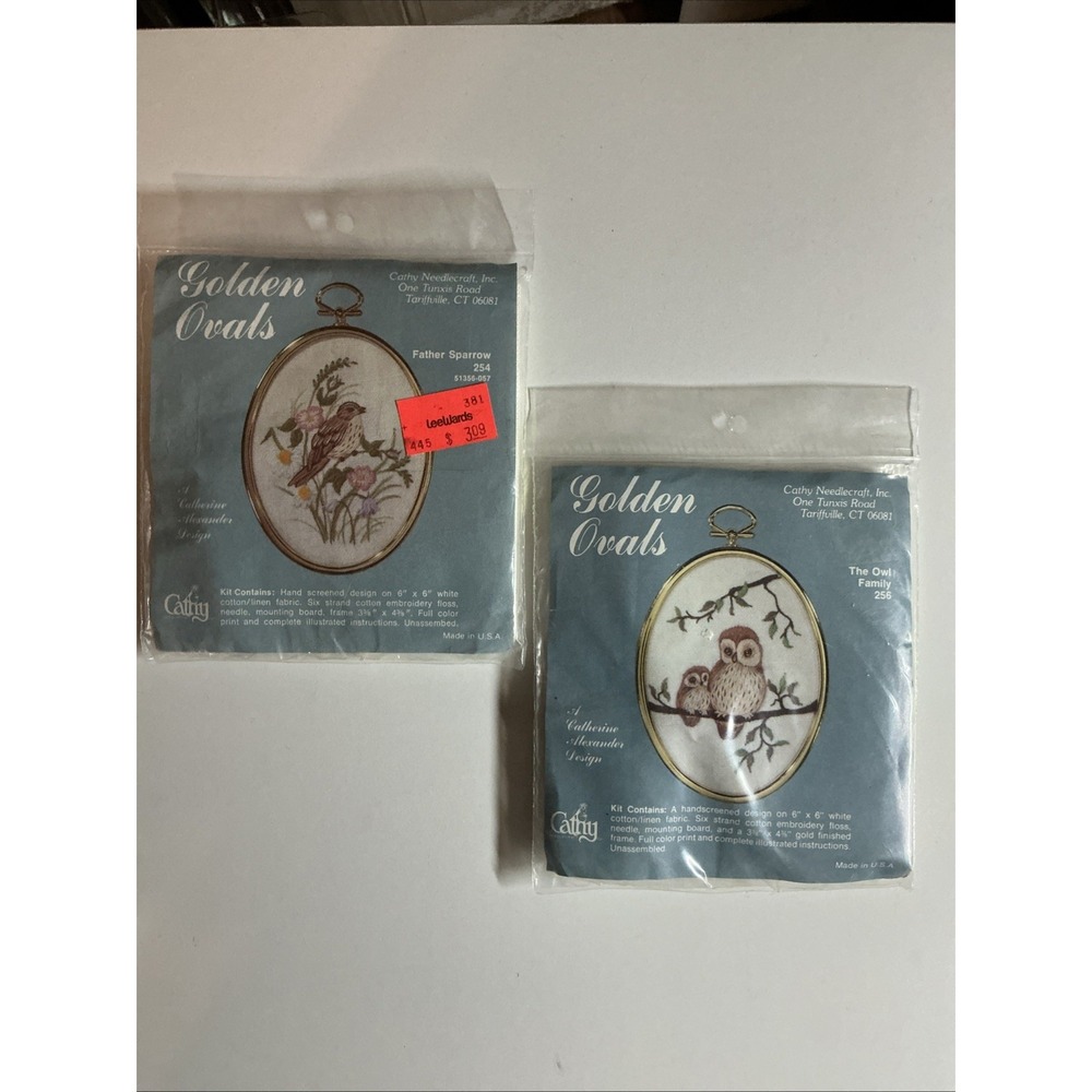 2 Cathy Golden Ovals Crewel Embroidery Kits Yellow Butterfly & Thistle Floss